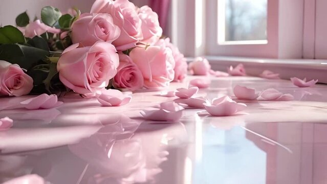 bouquet of roses on a light pink marble floor near window