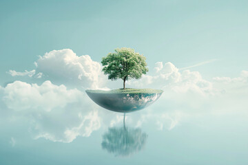 A solitary green tree floats in a crystal blue sky, like a giant empty martini glass against the white clouds - obrazy, fototapety, plakaty