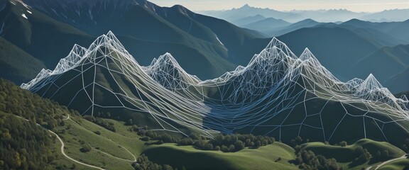 Wireframe mountain in bright colours Landscape Wire with Depth of Field Effect - obrazy, fototapety, plakaty
