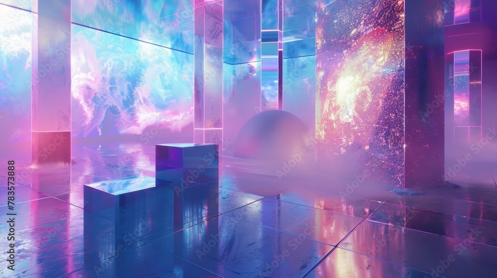 Poster amidst a sea of constantly evolving particles a futuristic podium adorned with iridescent holographi