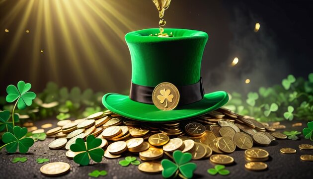 A dazzling display of St. Patrick's Day luck with a green top hat, gold coins, and clover leaves illuminated by magical rays of light.. AI Generation