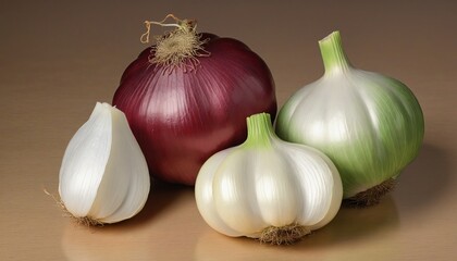 red onion and garlic in bright colours 