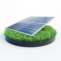 A rectangular solar panel is placed on a patch of grass