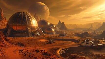 Fototapeta na wymiar Futuristic Martian spaceport with advanced spacecraft and rocky terrain. Resplendent.