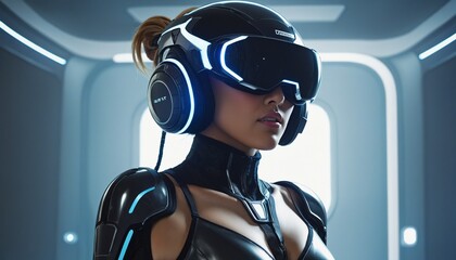 Woman gamer in futuristic suit and VR helmet in bright colours 