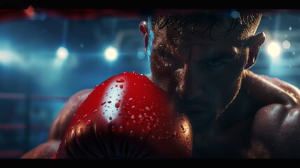 Close and realistic look at a boxer's readiness, under the glow of the ring lights, exuding confidence and domination in 4k