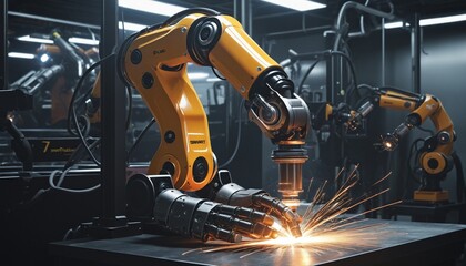 A robotic hand welding in bright colours 