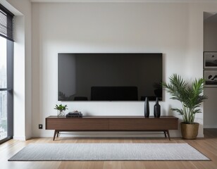 Mockup a TV wall mounted in a living room in bright colours 