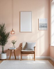 Mockup frame in interior background, room in light pastel colors, Scandi-Boho style in bright colours 3d render