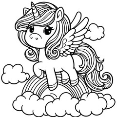 Fototapeta premium A black-and-white drawing of a winged unicorn is above a cloud.&nbsp;