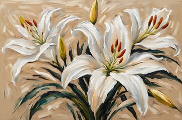 oil painting featuring white lily flowers, set against a beige backdrop. the texture of palette knife strokes adds depth and detail to this serene floral scene.
