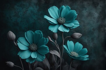 subtly textured teal painted flowers set against a dark, moody background. perfect for themes of nature, artistry, and dramatic aesthetics.