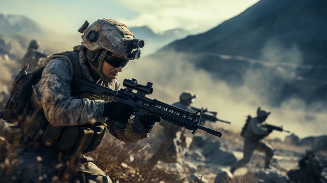 Realistic depiction of a focused soldier in full gear aiming his rifle, the tension palpable in crystal-clear 4k.