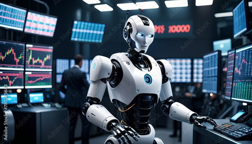 Poster a humanoid robot attentively surveys financial data on multiple trading screens, set against the bac