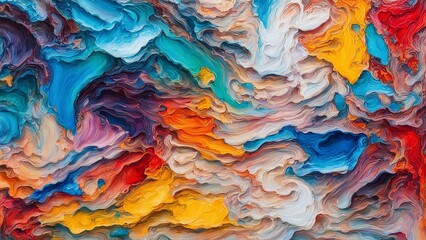 closeup of a vibrant, multicolored abstract art painting, showcasing the rough texture of oil brushstrokes and palette knife work on canvas. - obrazy, fototapety, plakaty