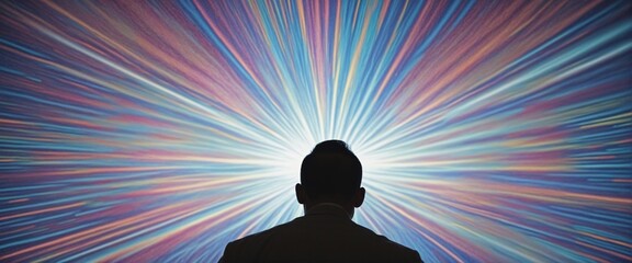 Silhouette of a man in front of Walls refracting light in bright colours  - obrazy, fototapety, plakaty