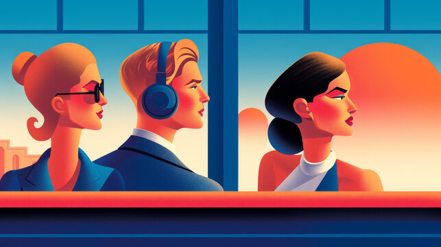A group of young stylish people. A man and two women. A man with headphones is listening to music or a podcast. One of the women in sunglasses. Everyone is looking into the distance