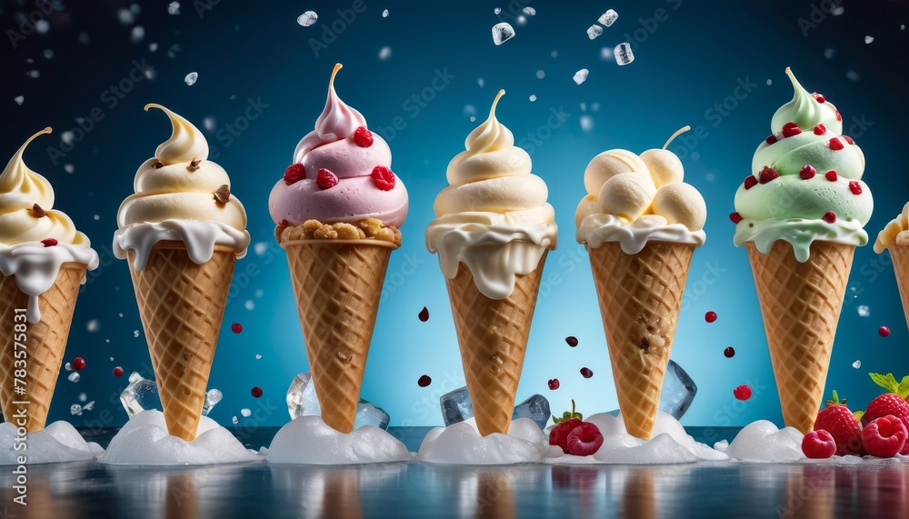 Poster an enticing array of ice cream cones with different flavors, adorned with fruits and candies, set ag