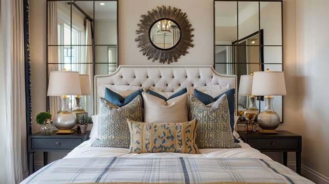 In the bedroom a large mirror is positioned behind the headboard of the bed creating a symmetrical focal point. The reflection of the bed and surrounding decor adds depth and interest .