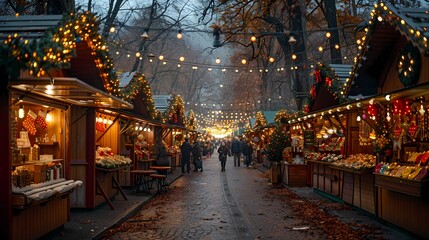 A festive Christmas market with stalls filled with colorful decorations, glowing lights, and people enjoying the joyful atmosphere
