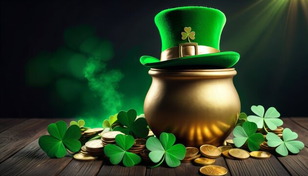 This inviting image shows a mythical pot of gold topped with a leprechaun hat, surrounded by four-leaf clovers, embodying magical Irish folklore.. AI Generation