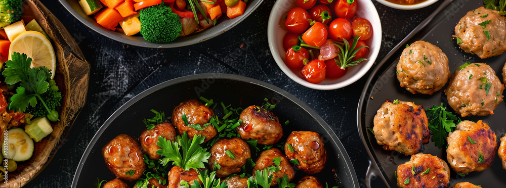 Wall mural Assortment of juicy meatballs, tender chicken, and fresh vegetables in pans on a dark background, a feast of vibrant colors and flavors.
