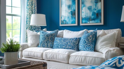 Fototapeta premium A stylish living room featuring a white sofa adorned with blue patterned cushions, complemented by blue wall art and curtains.