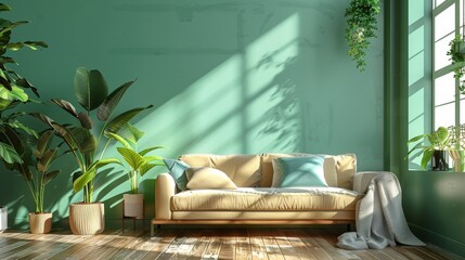 Sunlit Living Room with Greenery and Beige Sofa