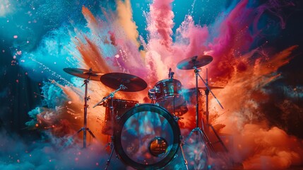 A drum set's cinematic energy explosion, rendered in vibrant colors and crisp 4K detail. - obrazy, fototapety, plakaty