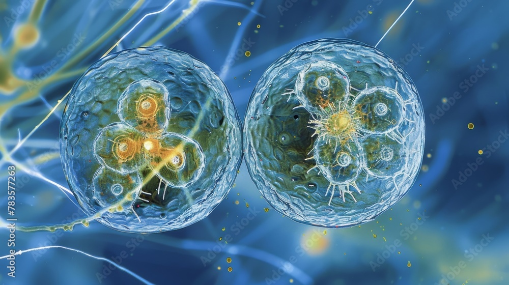 Poster a magnified view of a euglenoid undergoing binary fission with its membrane splitting to create two 