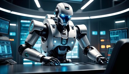 An advanced robotic figure with a striking blue visor is depicted in a dynamic pose, actively engaging with a futuristic control panel in a high-tech environment.. AI Generation. AI Generation - obrazy, fototapety, plakaty