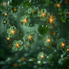 a group of green shamrocks floating in the air with lights on them and a green background with a green light