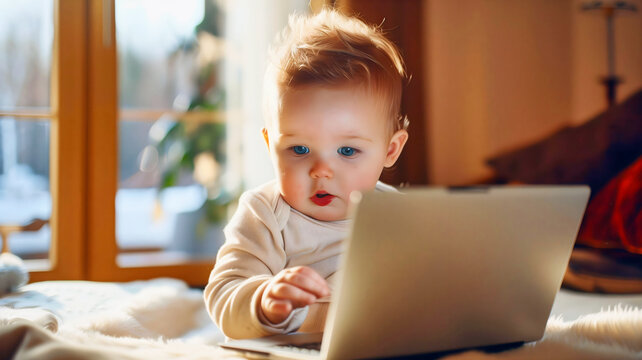 Fototapeta Cute little baby using laptop, kids and technology, looking at screen, toddler background, template wallpaper