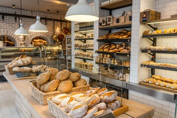 A bakery filled with various types of freshly baked bread, rolls, and desserts displayed on shelves - Powered by Adobe