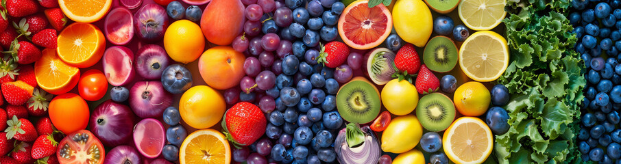 Vivid mosaic of fresh fruits and vegetables creating a rainbow spectrum, a vibrant display of healthy, colorful produce.
