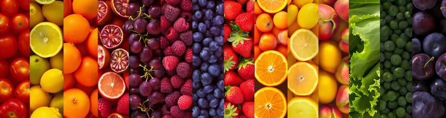 Vivid mosaic of fresh fruits and vegetables creating a rainbow spectrum, a vibrant display of healthy, colorful produce.
