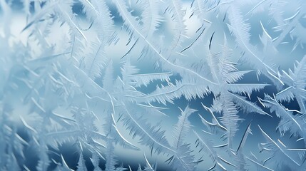 A frost-covered window pane, with delicate ice crystals forming intricate patterns against the glass
