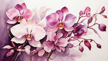 Serene watercolor painting of delicate orchids in shades of purple and magenta, exuding sophistication and grace.