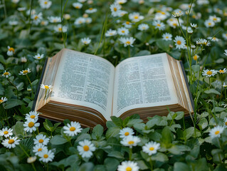 An open book lies on a field of green grass, surrounded by white and yellow daisies.