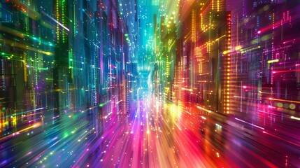 Digital transmissions secure within an encryption system, visualized in a spectrum of bright hues