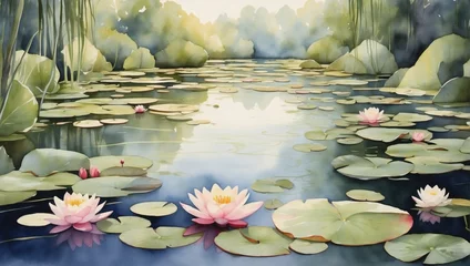 Foto op Canvas Serene watercolor scene of a tranquil pond surrounded by lush lily pads and delicate water lilies, a peaceful oasis of natural beauty. © xKas