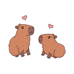 Cute cartoon capybaras in love. Funny rodent characters with hearts. Adorable sweet animals. Vector illustration isolated on white background