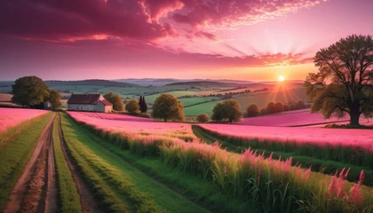 Fotobehang A picturesque sunrise scene featuring a country road leading towards a farm, flanked by lush greenery and blooming lavender fields under a radiant sky.. AI Generation © Anastasiia