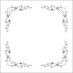 Black and white vegetal ornamental frame with leaves and butterflies, decorative border, corners for greeting cards, banners, business cards, invitations, menus. Isolated vector illustration.	
