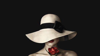 Mysterious portrait of a woman with a big hat and a red rose