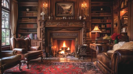 A cozy study is lined with rich oakpaneled walls and a traditional fireplace in a distressed finish. The intricate details on the mantel and bookshelves add to the oldworld charm of . - obrazy, fototapety, plakaty