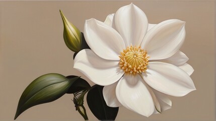 oil painting of a large white flower, its petals in full bloom, set against a soothing beige backdrop. a serene and elegant floral display.