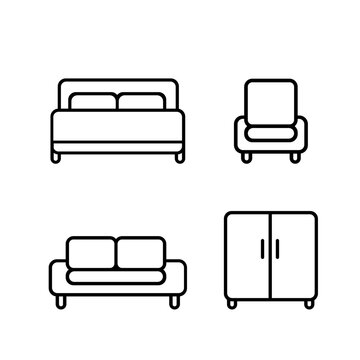 Icone mobili arredamento, letto matrimoniale, armadio, divano, poltrona, design flat
