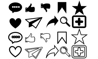 set of icon social media interface. social media interface icon set, star, unlike, save, comment, share, like, love, message, thumb and gift. Replaceable vector design.