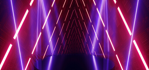 Sci Fi Futuristic Cyber Triangle Neon Laser Red Blue Purple Circle Stage Podium Glowing Spaceship Empty Showroom Hallway Tunnel Corridor Metal Glossy Floor 3D Rendering - 783579868